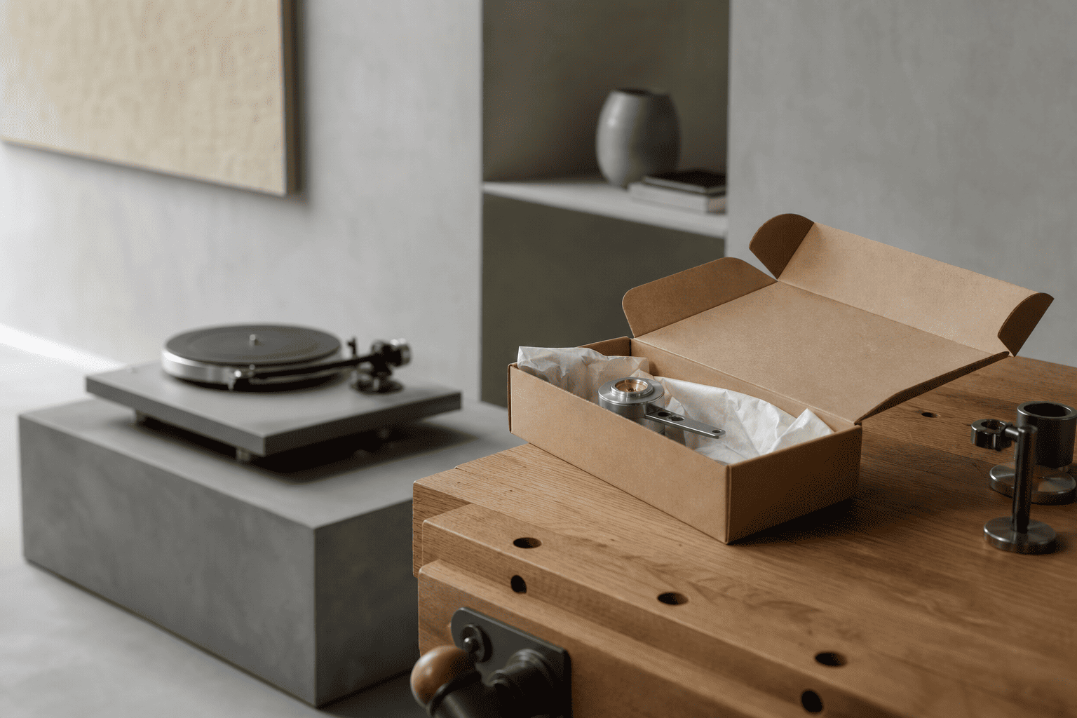 Turntable in a minimal room with a carefully packed upgrade box on a workshop bench