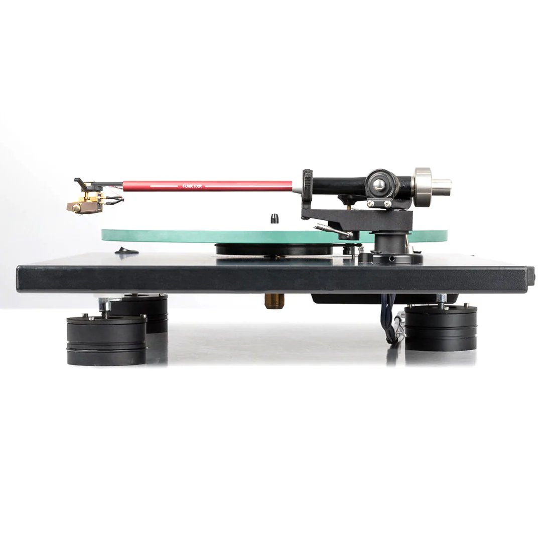 Rega-style turntable with Funk Firm isolation feet, glass platter mat, and FX tonearm — side profile